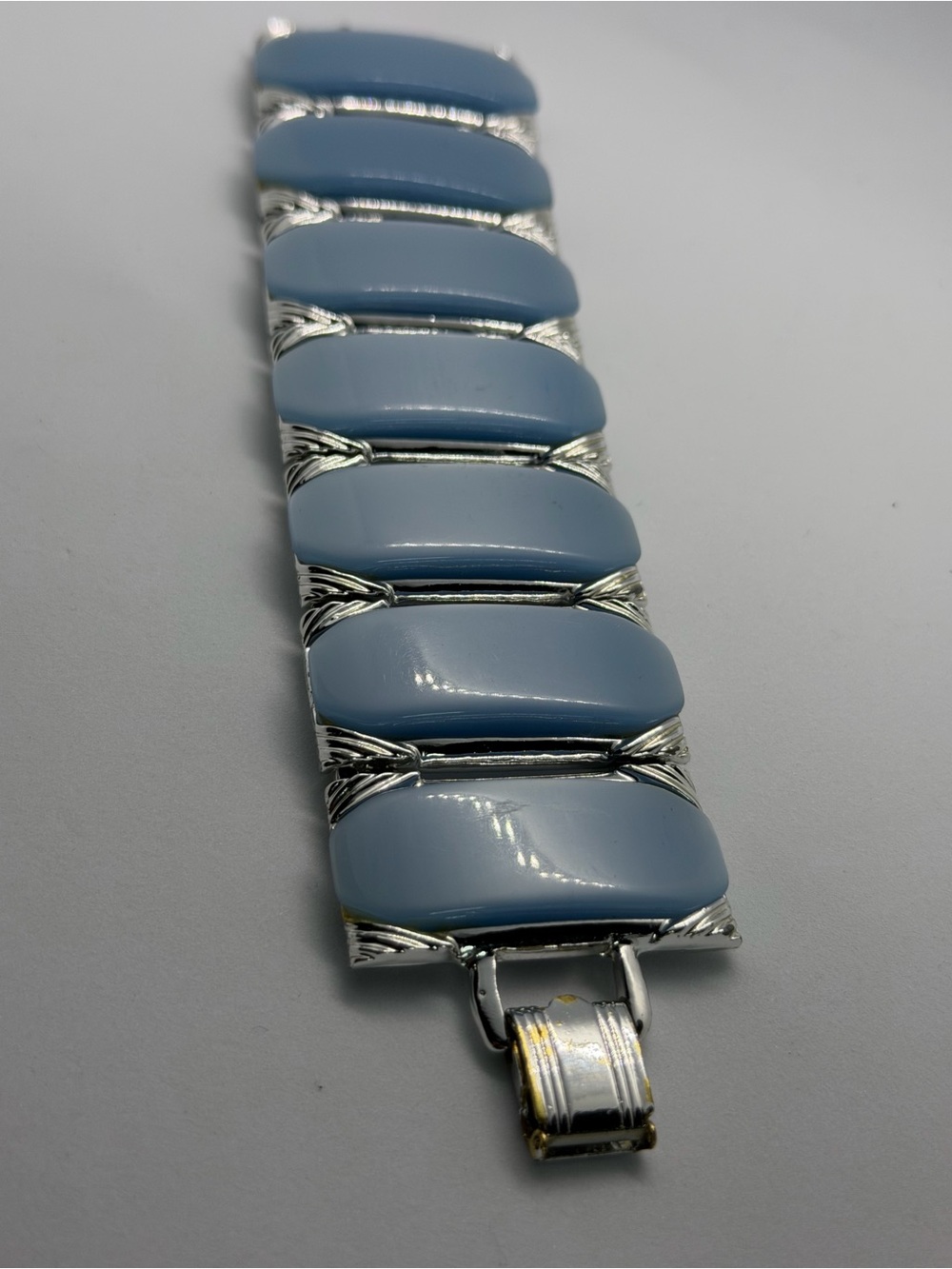 Vintage Blue Thermoset Panel Bracelet Silver Tone Mid Century